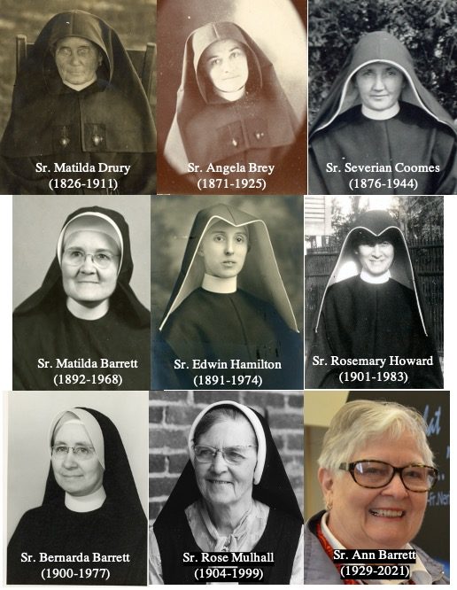 Three-by-three collage of nine nuns, eight of which are in habits. The most recent photo is the woman in the lower right corner who is not in a habit and is in color.