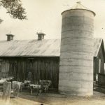 Sepia-toned photo of a barn with a silo and cattle standing nest to it.