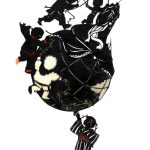 Paper cut-out graphic of children in different culturally traditional clothing playing on and around a large globe.