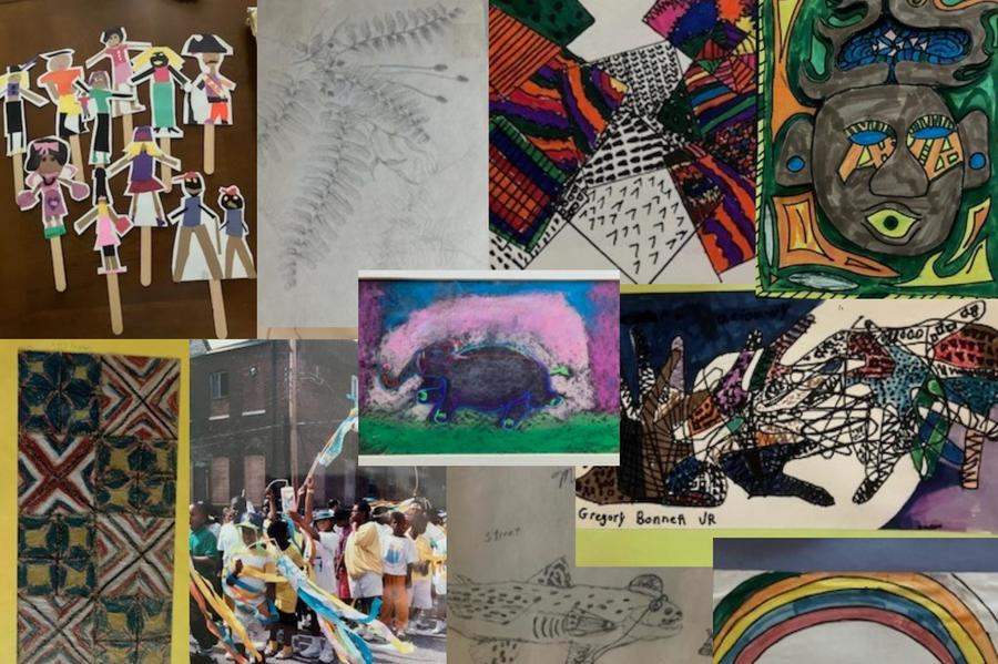 Collage of art done by students of Roberta Hudlow SL. Paintings, drawings, pencil sketches, paper dolls, chalk drawings and photography