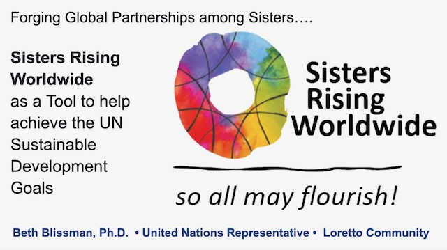 A rainbow circle donut hole type logo with the words "Forging Global Partnerships among Sisters... Sisters Rising Worldwide as a Tool to help achieve the UN Sustainable Development Goals. Sisters Rising Worldwide, so all may flourish! Beth Blissman PhD, United Nations Representative, Loretto Community" around it.