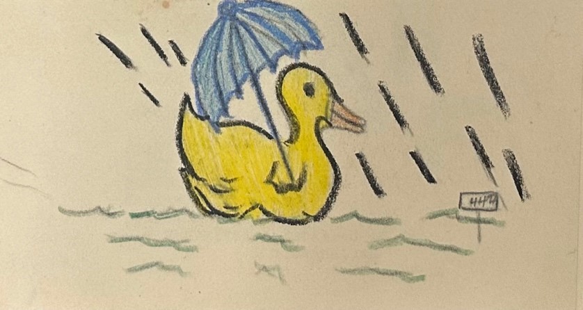 A colorful sketch of a yellow duck holding a blue umbrella while it swims in the rain.