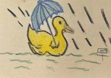 A colorful sketch of a yellow duck holding a blue umbrella while it swims in the rain.