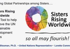 A rainbow circle donut hole type logo with the words "Forging Global Partnerships among Sisters... Sisters Rising Worldwide as a Tool to help achieve the UN Sustainable Development Goals. Sisters Rising Worldwide, so all may flourish! Beth Blissman PhD, United Nations Representative, Loretto Community" around it.